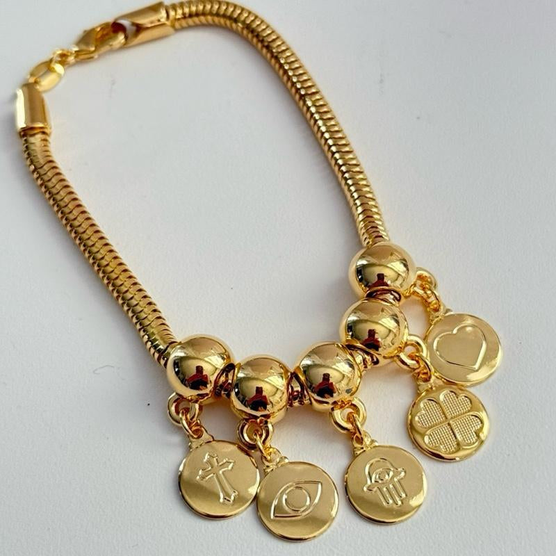 14K Gold Plated Amulet Charm Bracelet Size 7