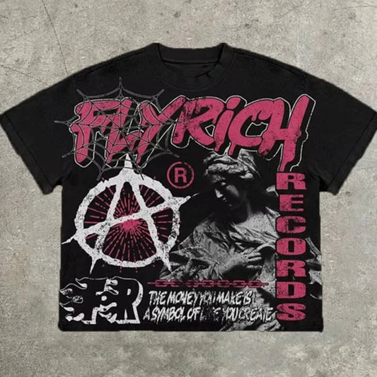 Y2K Vintage Flyrich 2019 World Graphic Print Cotton T-Shirt Men Short Sleeves Vintage Oversize Tshirt Streetwear Women Tops