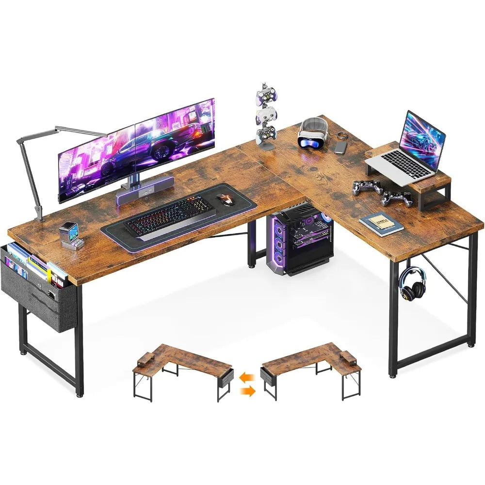 L Shaped Desk, 66" Computer Corner Gaming Desk, Home Office Writing Table with Monitor Shelf, Modern Simple Wooden Table, Easy