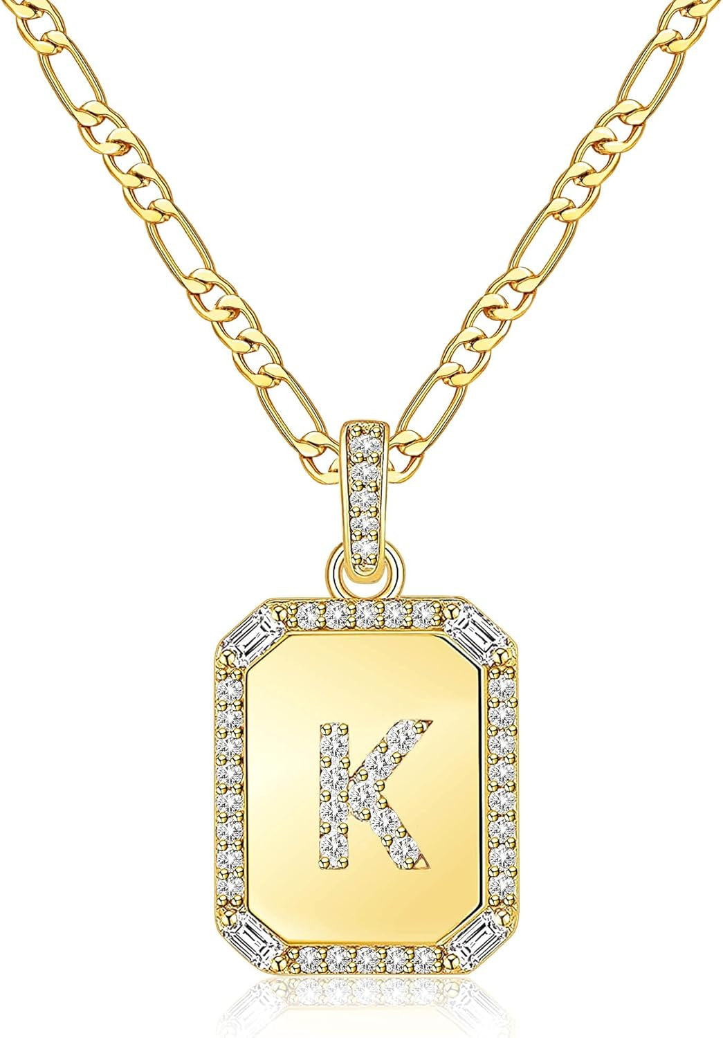 Gold Initial Necklaces for Women,Letter Necklace for Women Girls,Rectangle Necklace with Letters Monogram 18K Gold Plated Alhpabets 26 Pendant Womens Necklace Christmas Jewelry