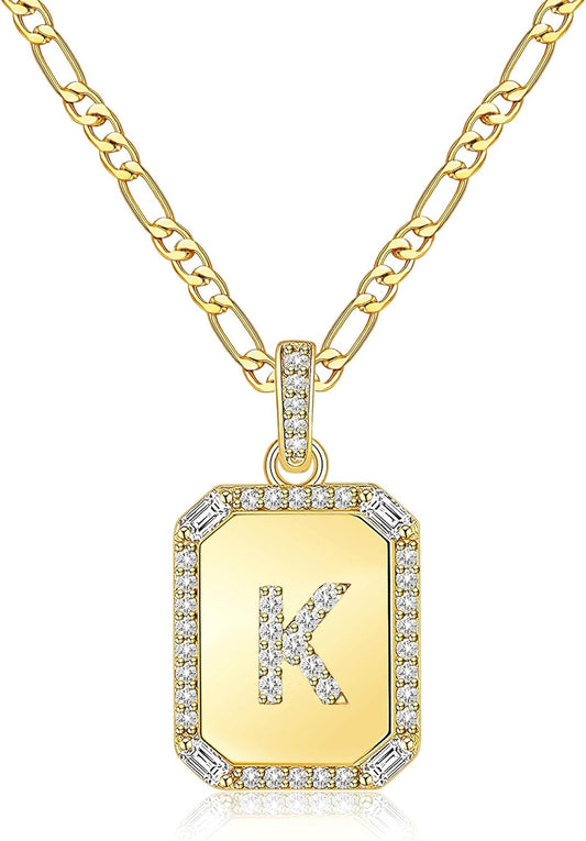 Gold Initial Necklaces for Women,Letter Necklace for Women Girls,Rectangle Necklace with Letters Monogram 18K Gold Plated Alhpabets 26 Pendant Womens Necklace Christmas Jewelry