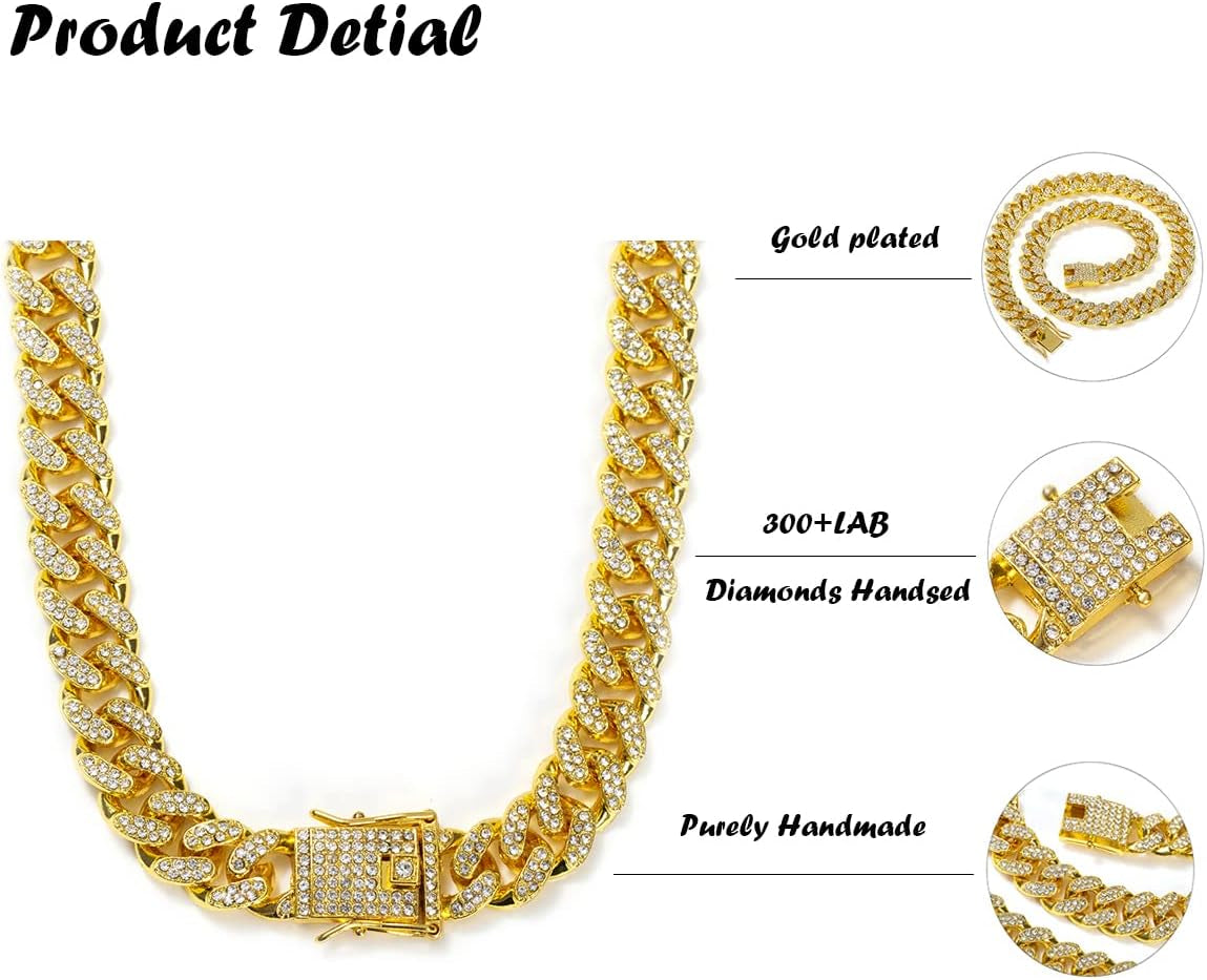 HUITIAN Women Mens Cuban Link Chain Gold Silver Bling Miami Cuban Necklace Diamond Chain for Men Iced-Out Hip Hop Jewelry