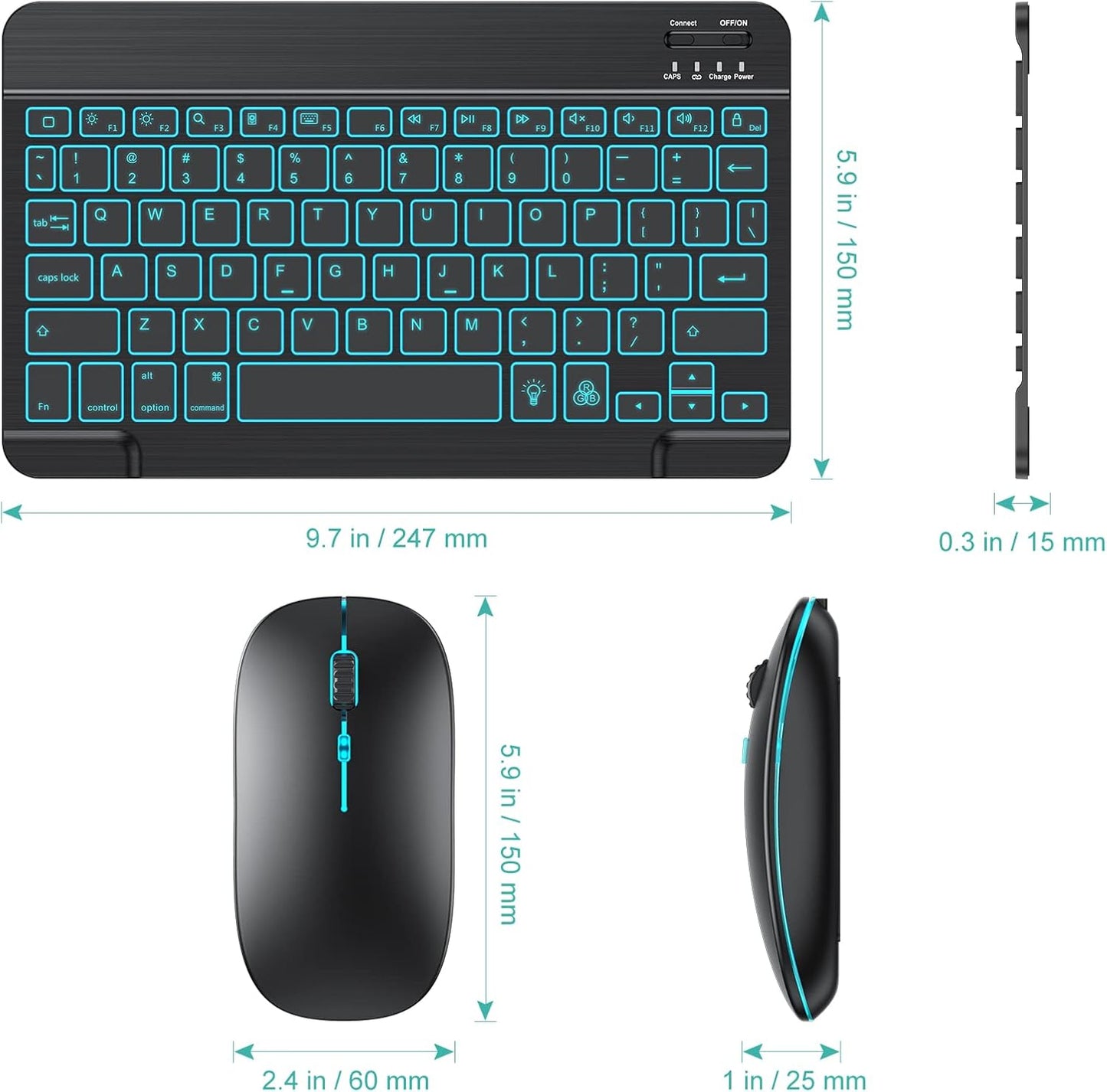 Bluetooth Keyboard and Mouse Combo for Ipad - Rechargeable Wireless Keyboard & Mouse with 7-Color Backlit Compatible with Ipad 10Th/9Th/8Th Gen, Ipad Pro/Air/Mini, Iphone15/14/13 Pro, Black