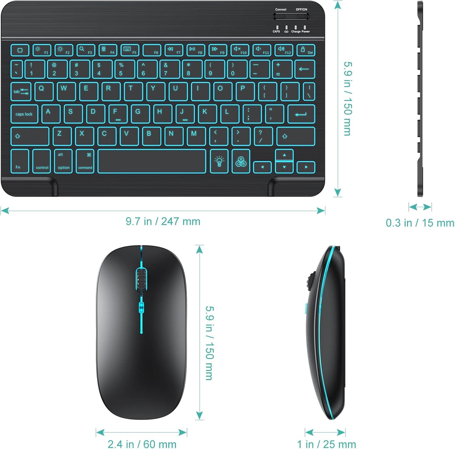 Bluetooth Keyboard and Mouse Combo for Ipad - Rechargeable Wireless Keyboard & Mouse with 7-Color Backlit Compatible with Ipad 10Th/9Th/8Th Gen, Ipad Pro/Air/Mini, Iphone15/14/13 Pro, Black
