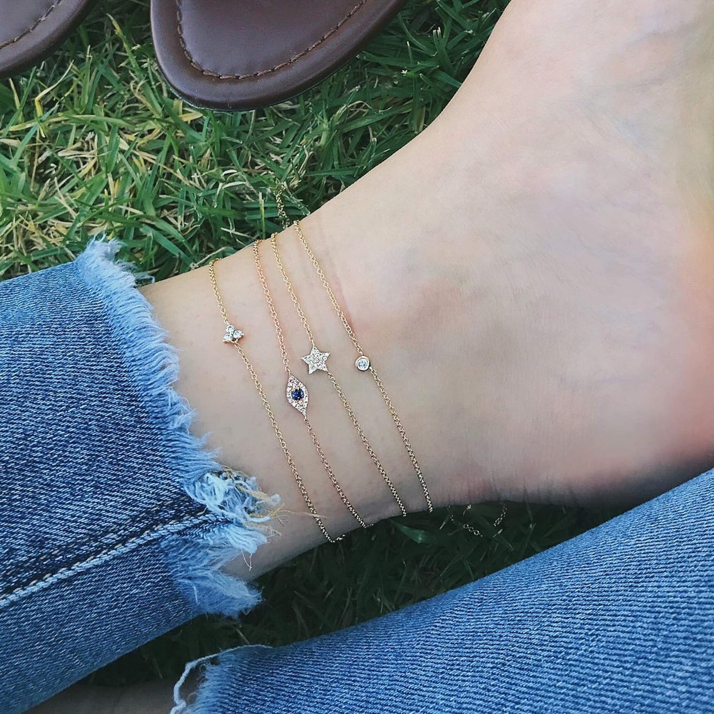 Dainty Ankle Bracelet,14K Gold Plated Tiny Bead Anklet Dainty White Cubic Zirconia Cross Tassel Foot Chain Cute Lucky Moon Evil Eye Foot Jewelry Boho Anklets for Women