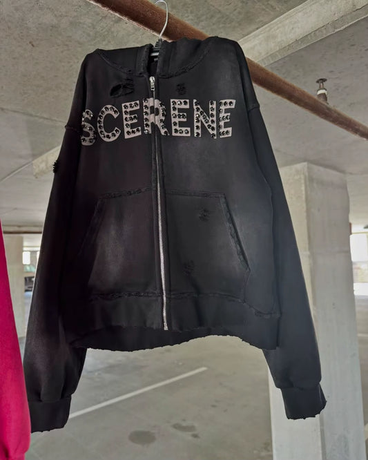 Oversized Letter Pattern Rhinestones Sweatshirt Y2K Clothes Gothic Punk Hole Black Hoodies Men and Women Casual Zip up Hoodie