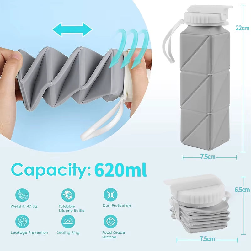 620Ml Collapsible Water Bottle Cup with Straw Lid Leakproof BPA Free Silicone Foldable Water Bottle for Travel Gym Camping Sport