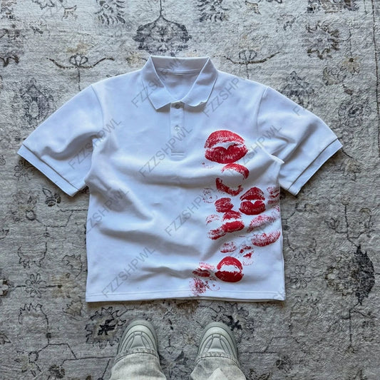Y2K Polo Shirt Harajuku Graphic Print Rock Goth Oversized Short Sleeve T-Shirt Hip Hop Button-Down Collar Shirt Punk Casual Tee