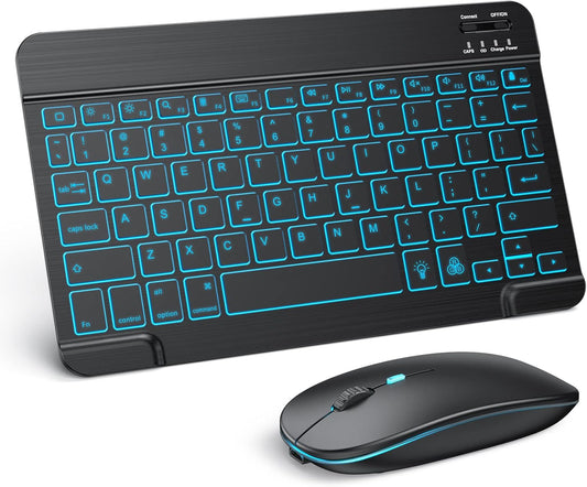 Bluetooth Keyboard and Mouse Combo for Ipad - Rechargeable Wireless Keyboard & Mouse with 7-Color Backlit Compatible with Ipad 10Th/9Th/8Th Gen, Ipad Pro/Air/Mini, Iphone15/14/13 Pro, Black