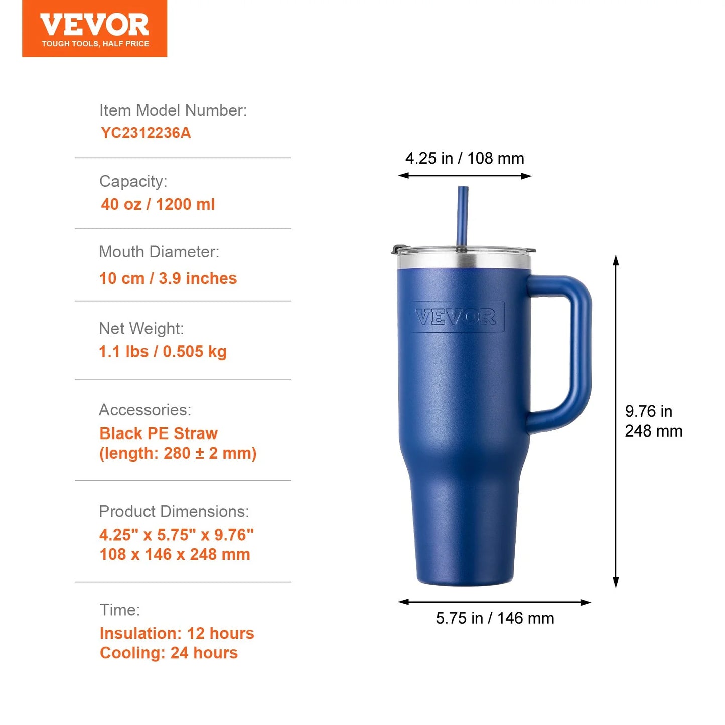 40 Oz Insulated Water Bottle Stainless Steel Coffee Cup Handheld Blue