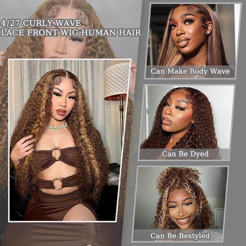 Fysin Hair Highlight 13X4 Transparent HD Lace Front Wig Wet and Wavy Human Hair Ombre Honey Blonde Deep Wave Lace Frontal Wigs for Women 200% Density