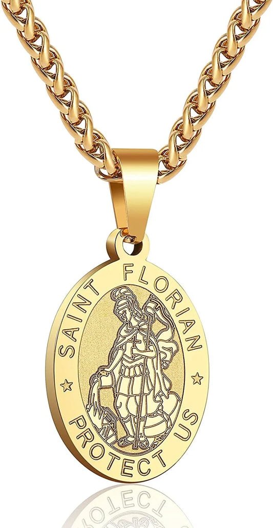 Gold Saint St Florian Medal Necklace Pendant for Men 24 Inch Religious Christian Catholic Birthday Valentine'S Day Baptism First Communion Confirmation Christmas Gift Jewelry