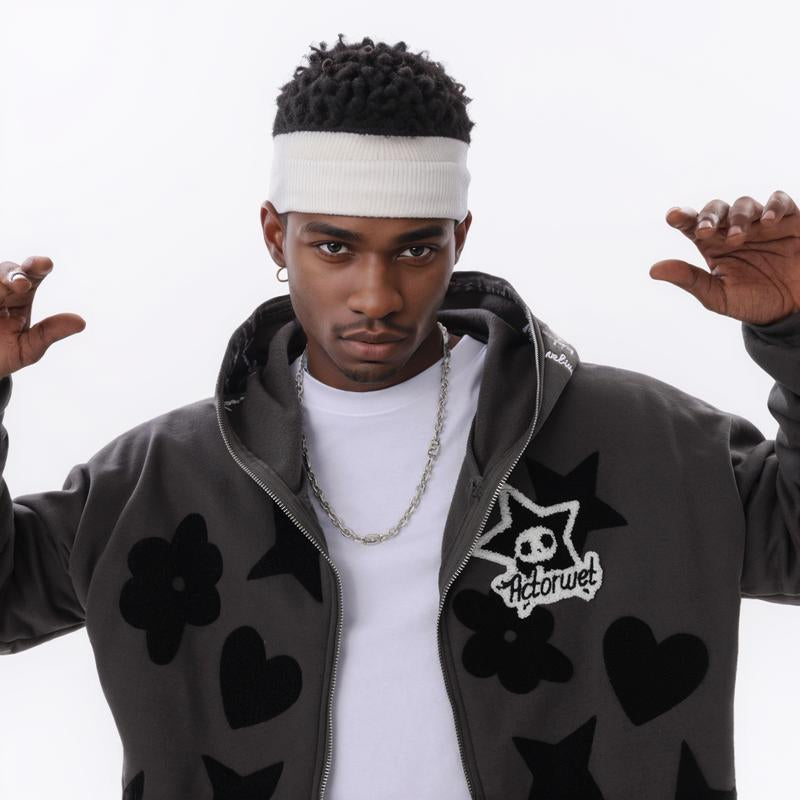 Stylish Streetwear Star Pattern Printfull Zip up Couples Hoodie Men Item Sweatshirt Varsity Jacke Y2K Outfits Men Sweaters Pullover Longsleeves Tops