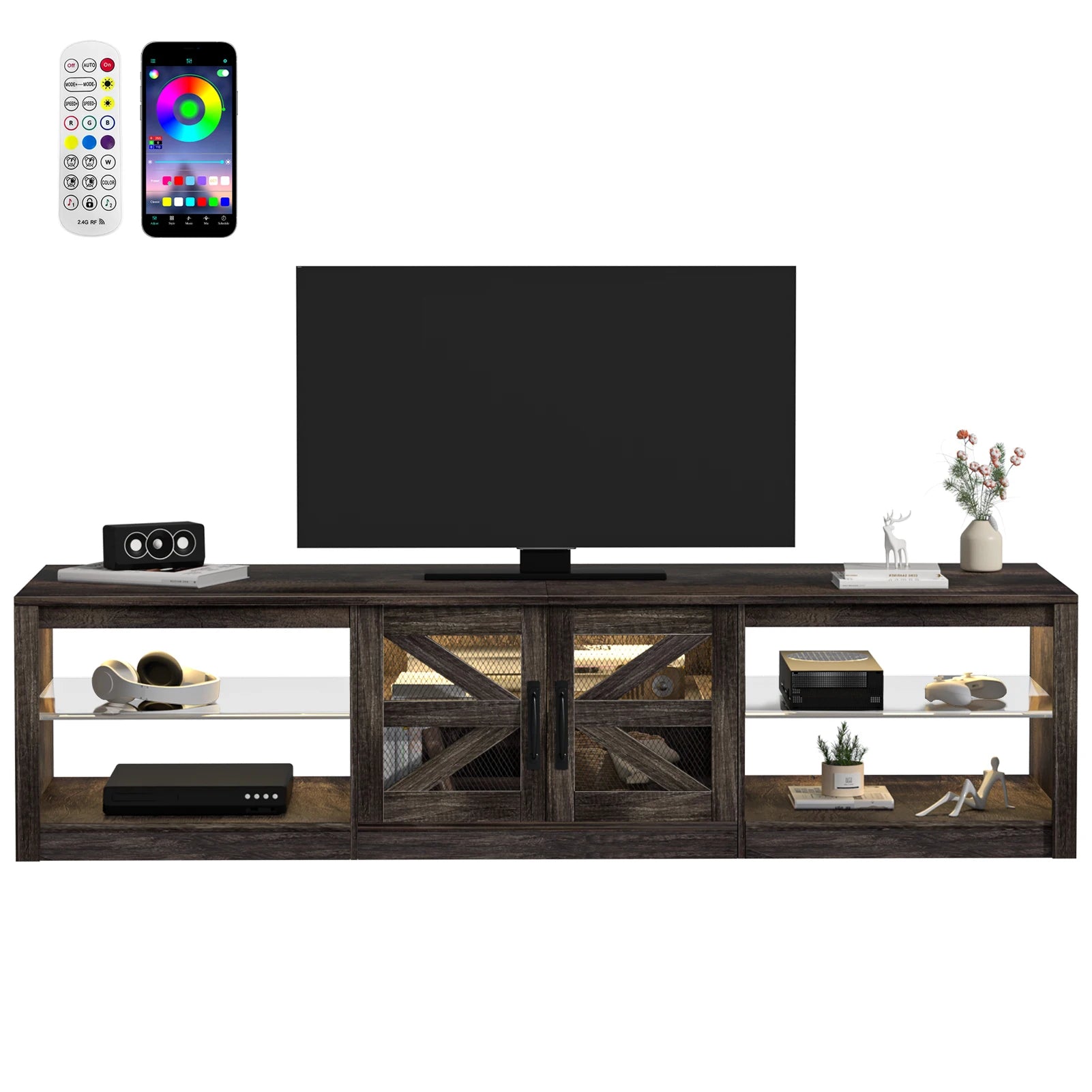 TV Cabinet, 78" Wood Sliding Barn Door Media TV Console Table with LED Light, APP Control Storage Shelf TV Stand for Living Room