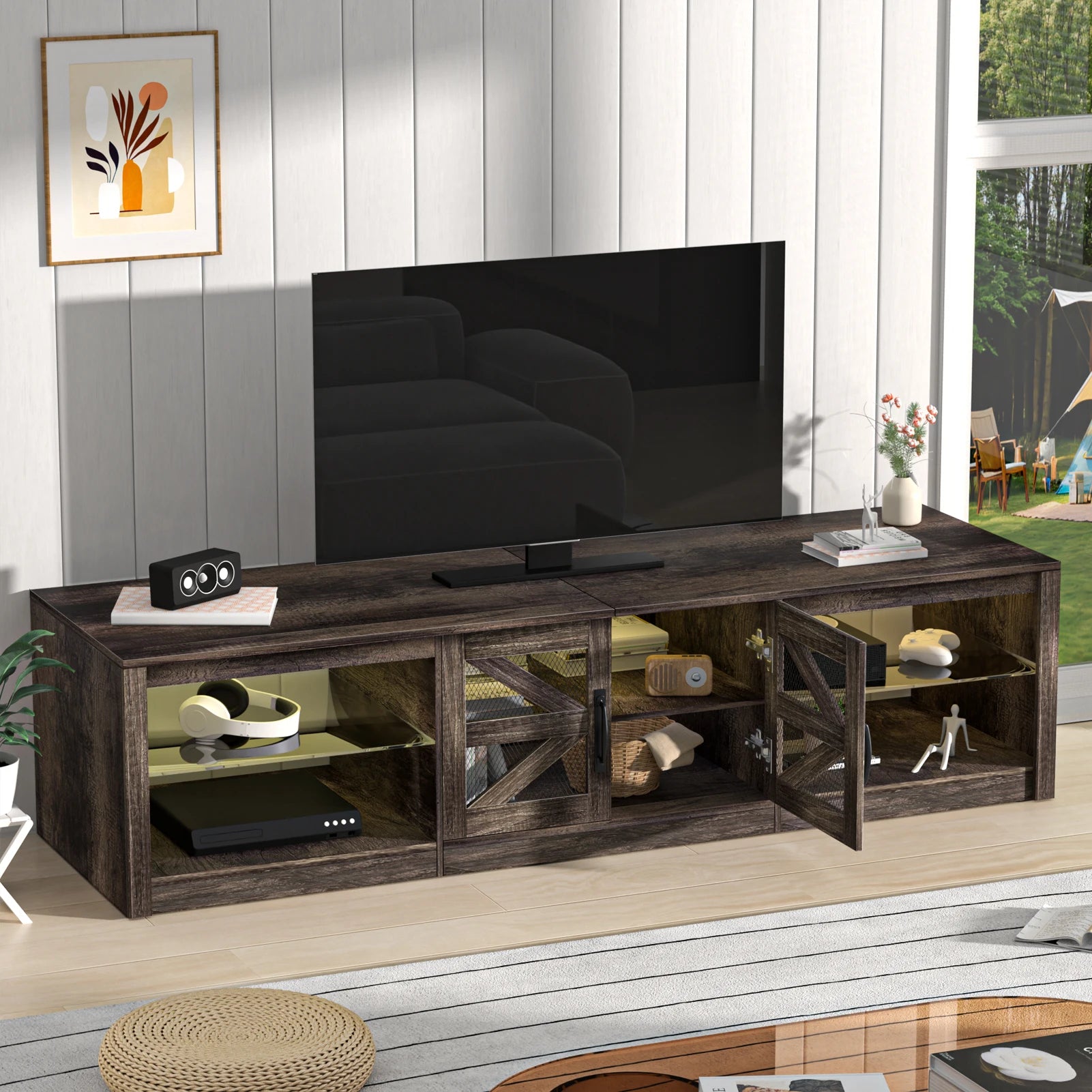 TV Cabinet, 78" Wood Sliding Barn Door Media TV Console Table with LED Light, APP Control Storage Shelf TV Stand for Living Room