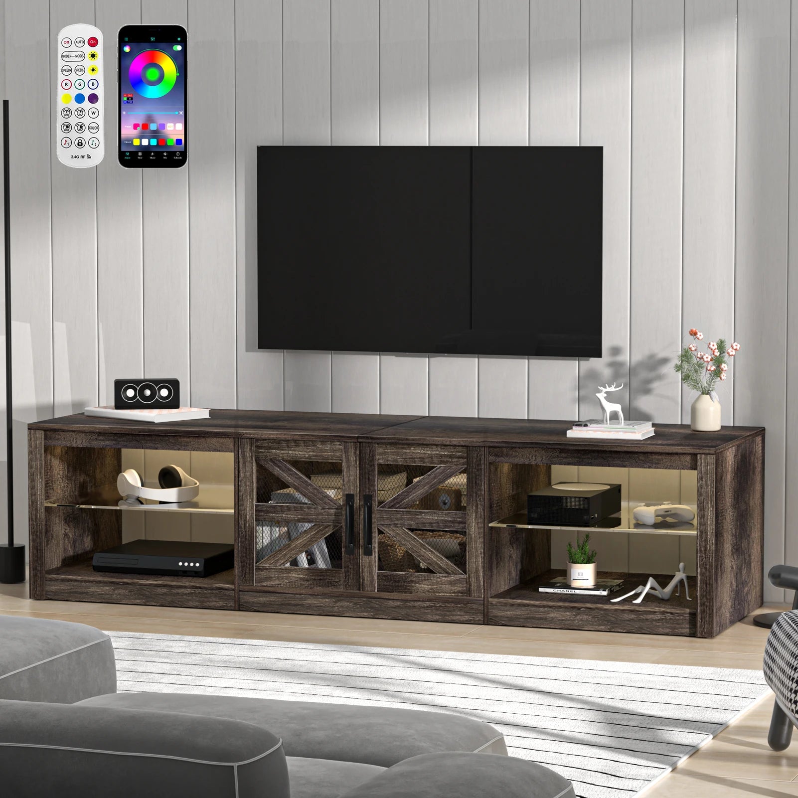 TV Cabinet, 78" Wood Sliding Barn Door Media TV Console Table with LED Light, APP Control Storage Shelf TV Stand for Living Room