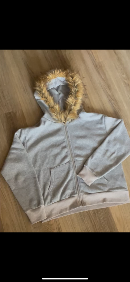 Grey Zip up Fur Hoodie