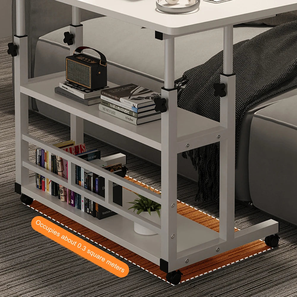 Mobile Laptop Standing Desk Adjustable Bedside Laptop Desk Multi-Layer Storage Wooden Laptop Table Storage Shelf for Home Office