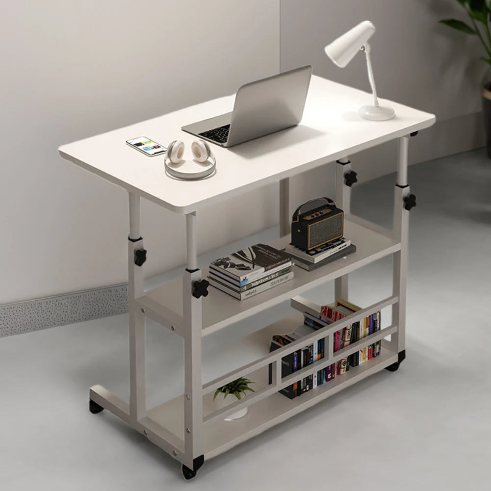 Mobile Laptop Standing Desk Adjustable Bedside Laptop Desk Multi-Layer Storage Wooden Laptop Table Storage Shelf for Home Office