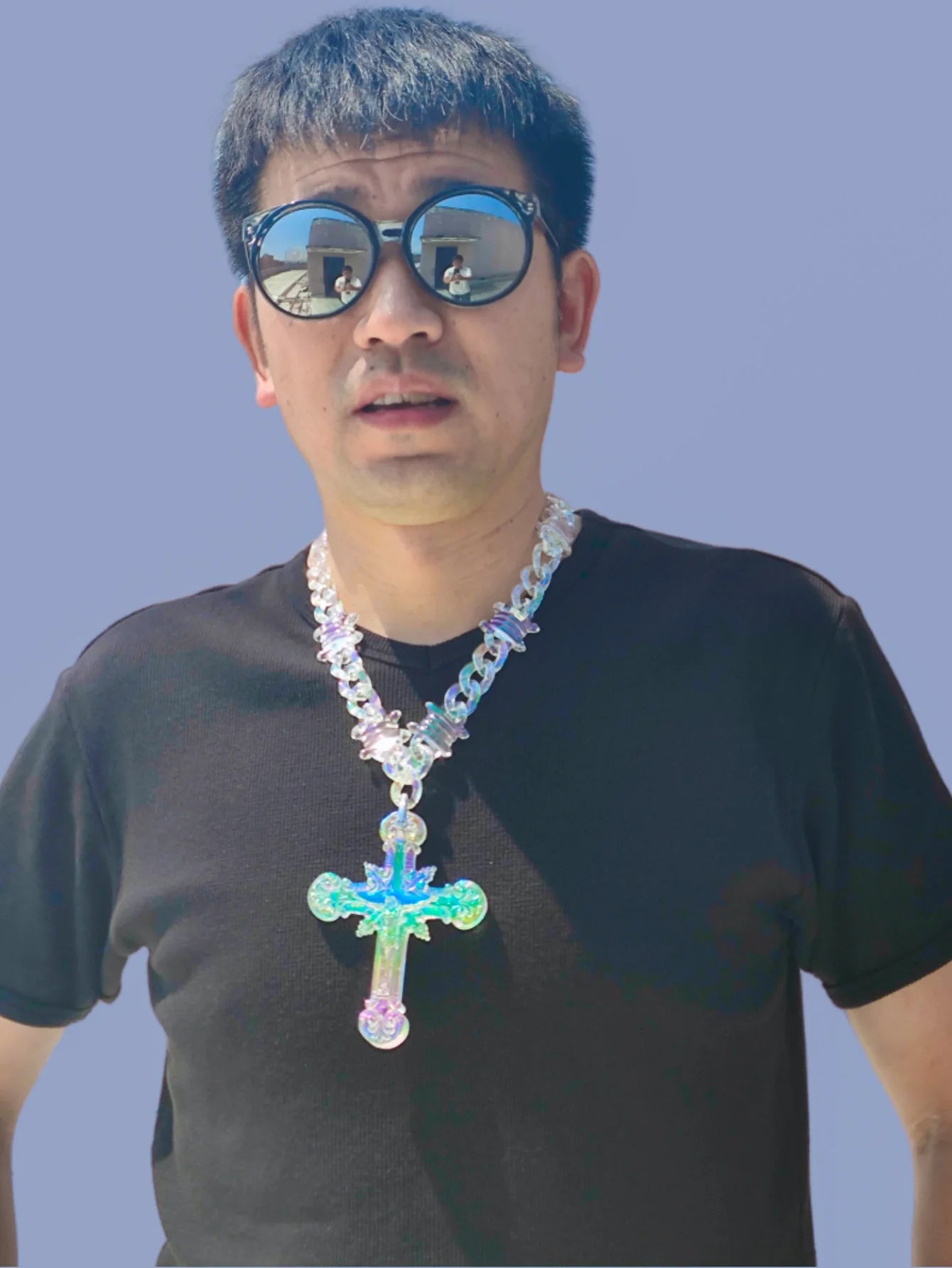 Iridescent Clear Big Jesus Christ Cross Acrylic Pendant Necklace for Women Men Hiphop Barbed Wire Chain Necklace Jewelry Gift