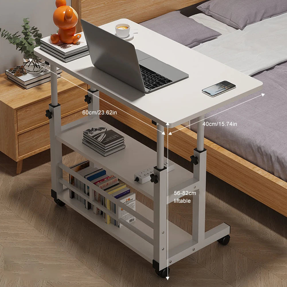 Mobile Laptop Standing Desk Adjustable Bedside Laptop Desk Multi-Layer Storage Wooden Laptop Table Storage Shelf for Home Office