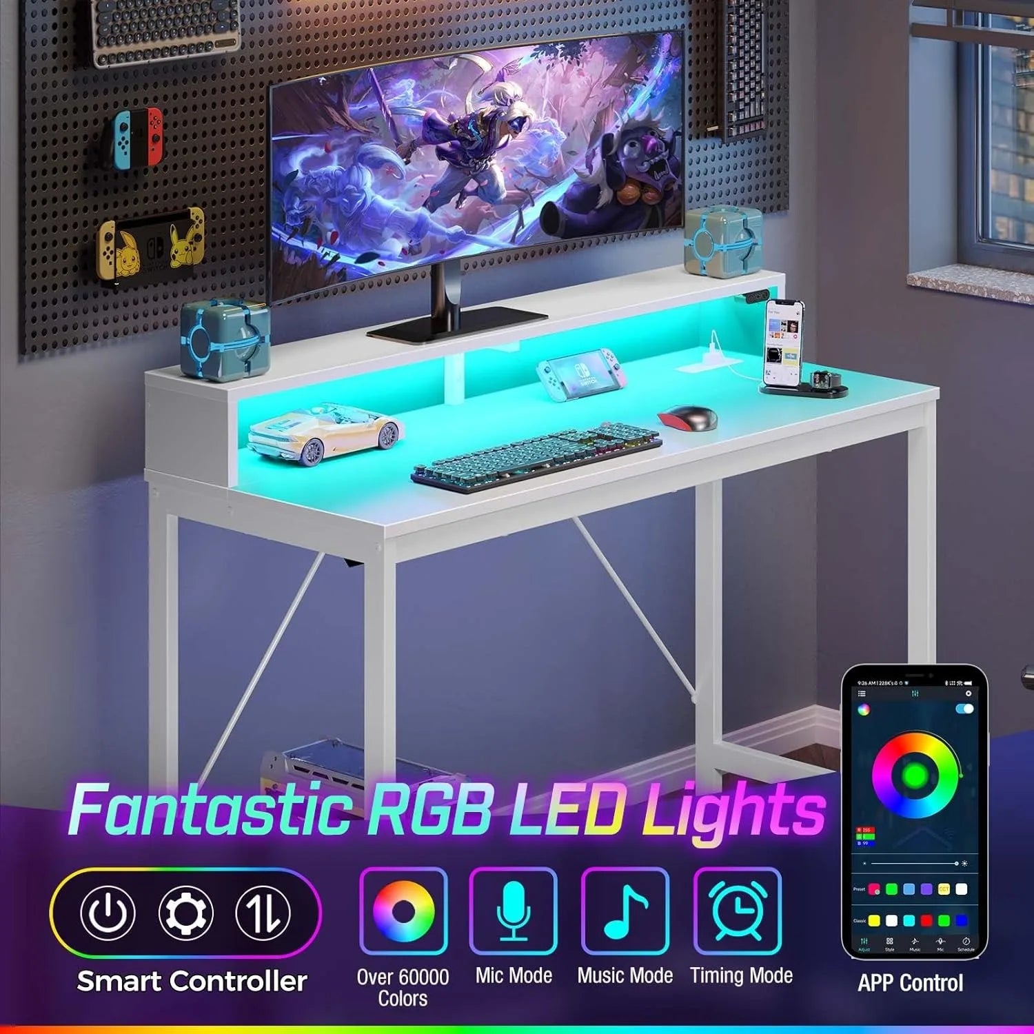 Computer Desk 47 Inch with LED Lights & Power Outlets, Home Office Desk with Monitor Shelf, Gaming Desk, Writing Desk, White