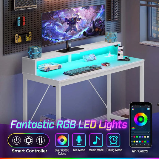 Computer Desk 47 Inch with LED Lights & Power Outlets, Home Office Desk with Monitor Shelf, Gaming Desk, Writing Desk, White