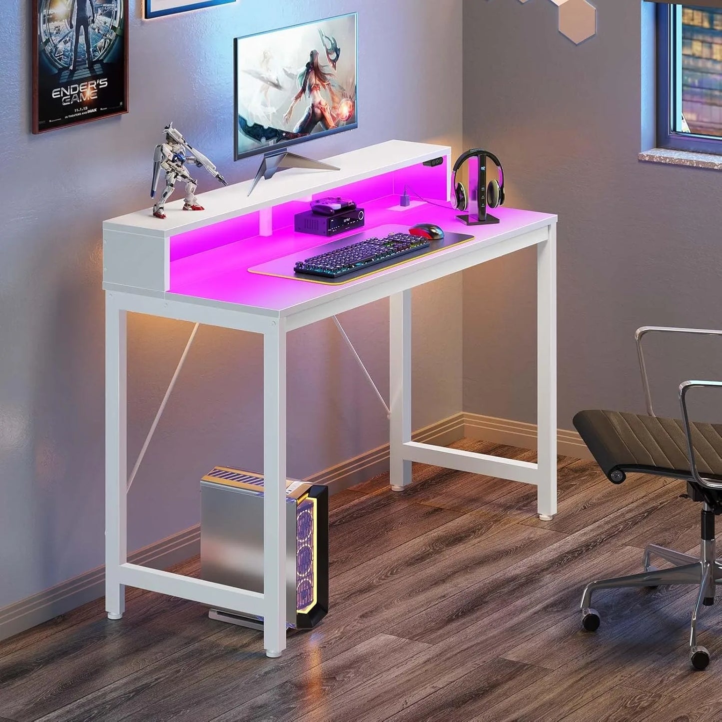 Computer Desk 47 Inch with LED Lights & Power Outlets, Home Office Desk with Monitor Shelf, Gaming Desk, Writing Desk, White