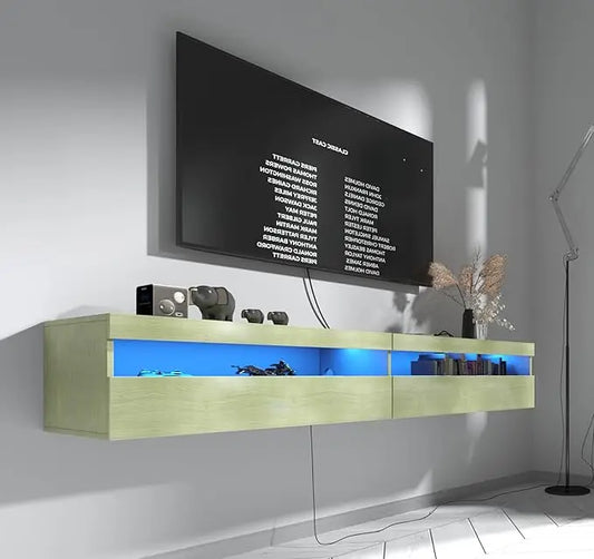 Floating TV Stand, Wall Mount TV Stand with LED Light and Power Outlet, 71 Inch Modern Entertainment Center