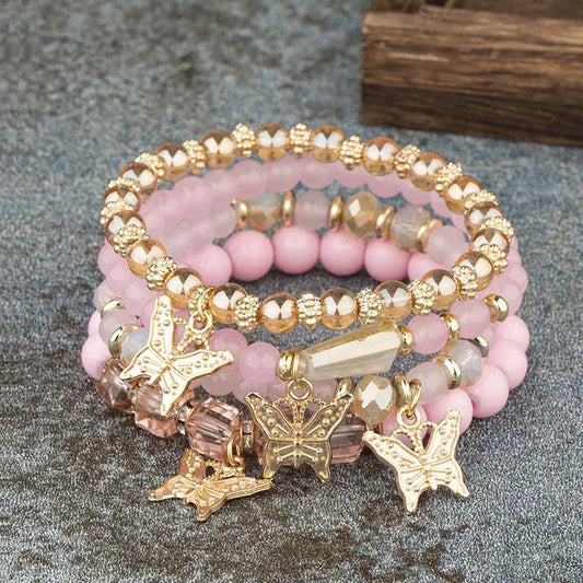 4Pcs Trendy Butterfly Beaded Bracelet Set for Women Pink Acrylic Beads Elastic Chain Bangle Female Bohemian Party Jewelry Gift
