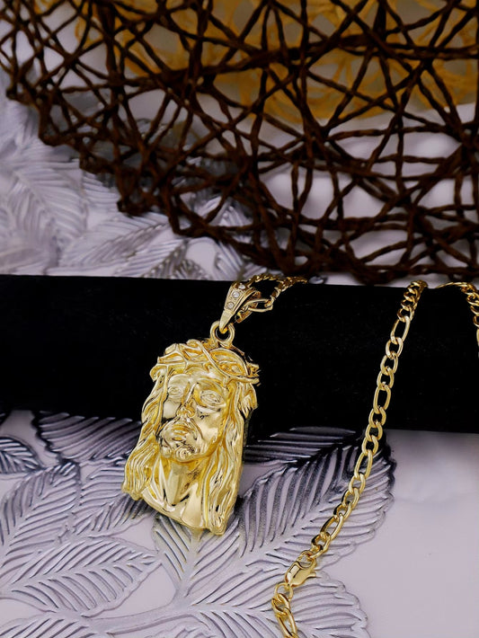 2 Sizes Hip Hop Punk Style God Jesus Head Deluxe Gold Plated Pendant Collar Necklace Figaro Chain Men Women Jewellery