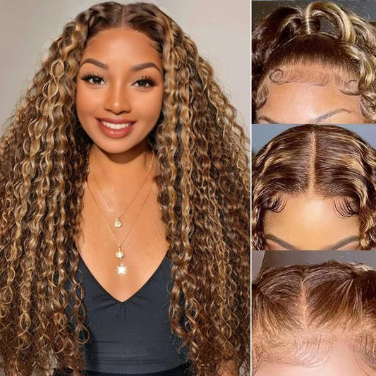 Fysin Hair Highlight 13X4 Transparent HD Lace Front Wig Wet and Wavy Human Hair Ombre Honey Blonde Deep Wave Lace Frontal Wigs for Women 200% Density