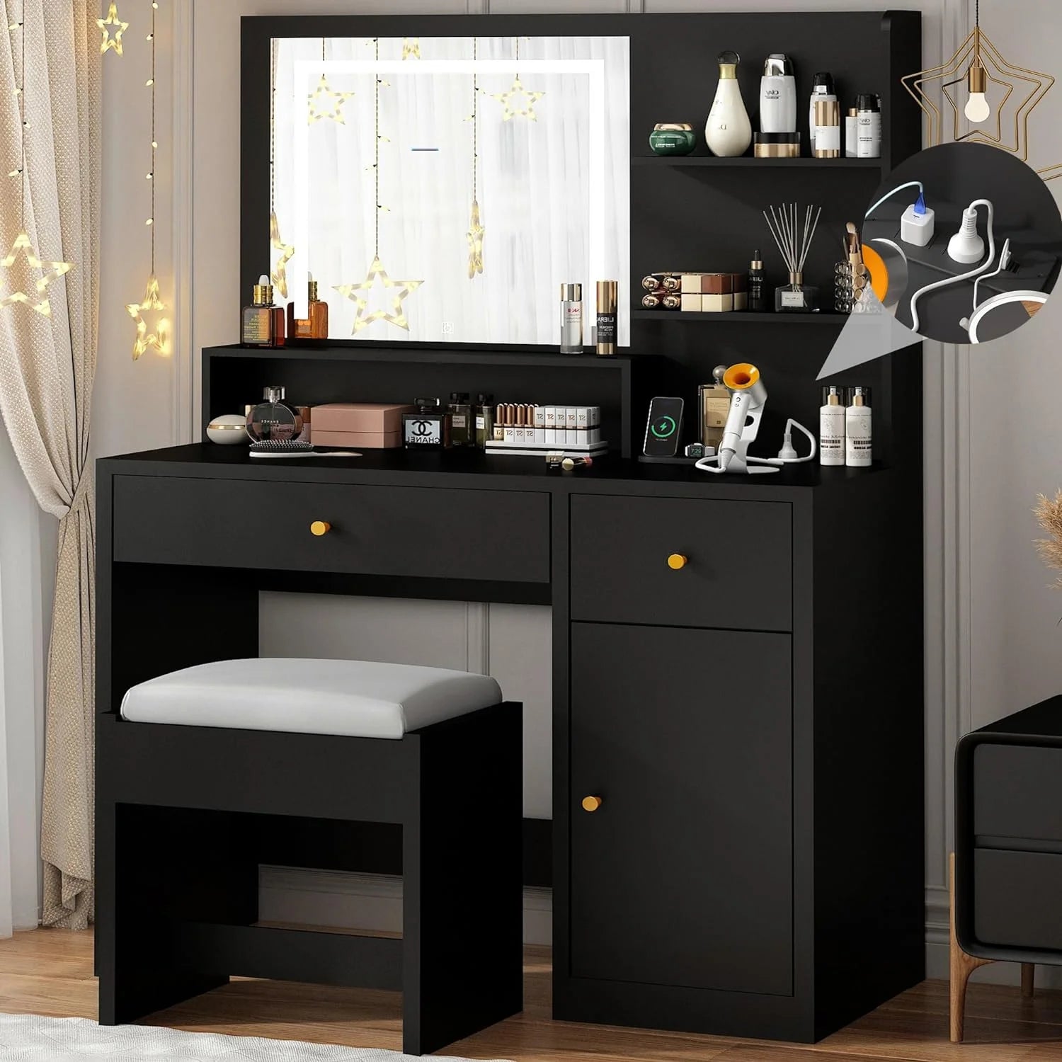 Black Vanity Desk Set with LED Light Mirror & Power Outlet, Makeup Table with 3 Shelves & 2 Drawers & 3 Level Adjustable Cabinet & Makeup Vanity Stool for Women, Girls(Black-37")