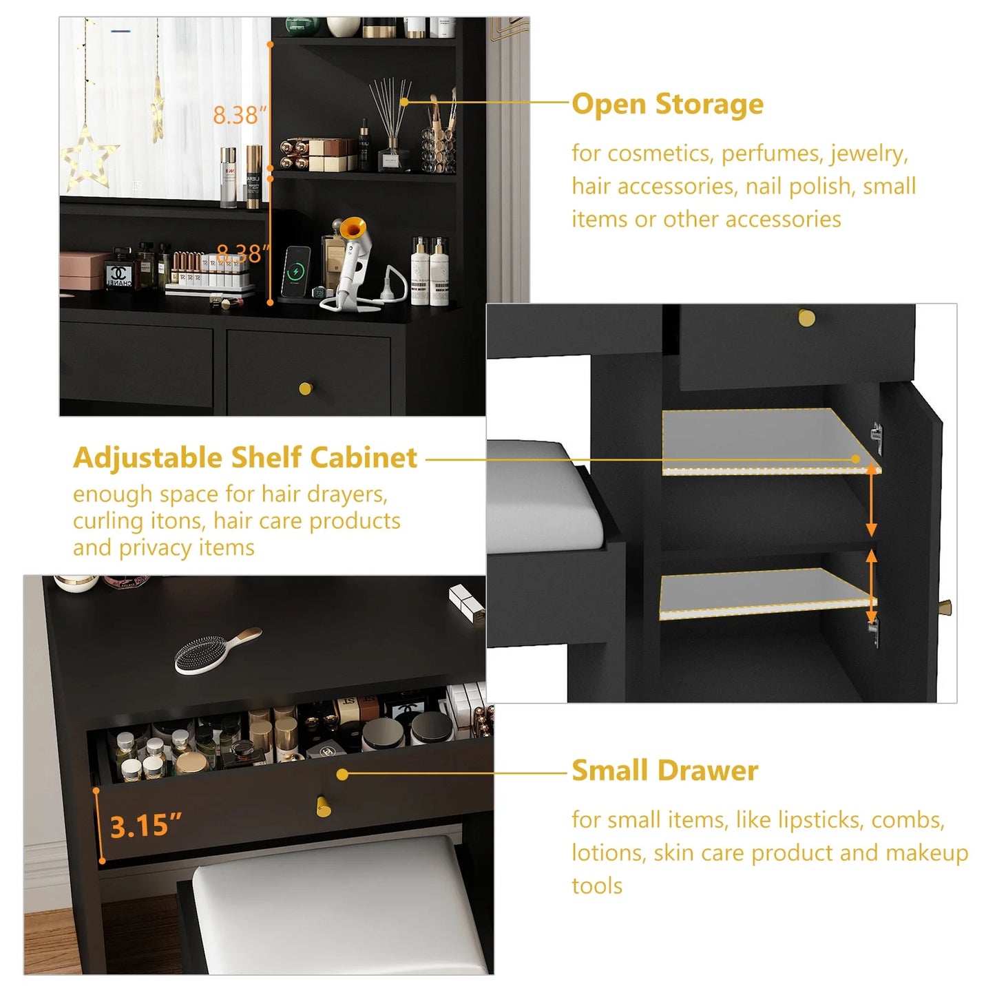 Black Vanity Desk Set with LED Light Mirror & Power Outlet, Makeup Table with 3 Shelves & 2 Drawers & 3 Level Adjustable Cabinet & Makeup Vanity Stool for Women, Girls(Black-37")