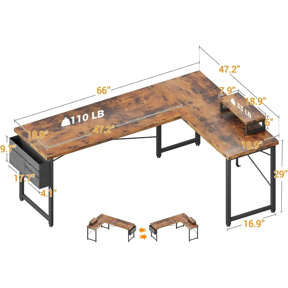 L Shaped Desk, 66" Computer Corner Gaming Desk, Home Office Writing Table with Monitor Shelf, Modern Simple Wooden Table, Easy