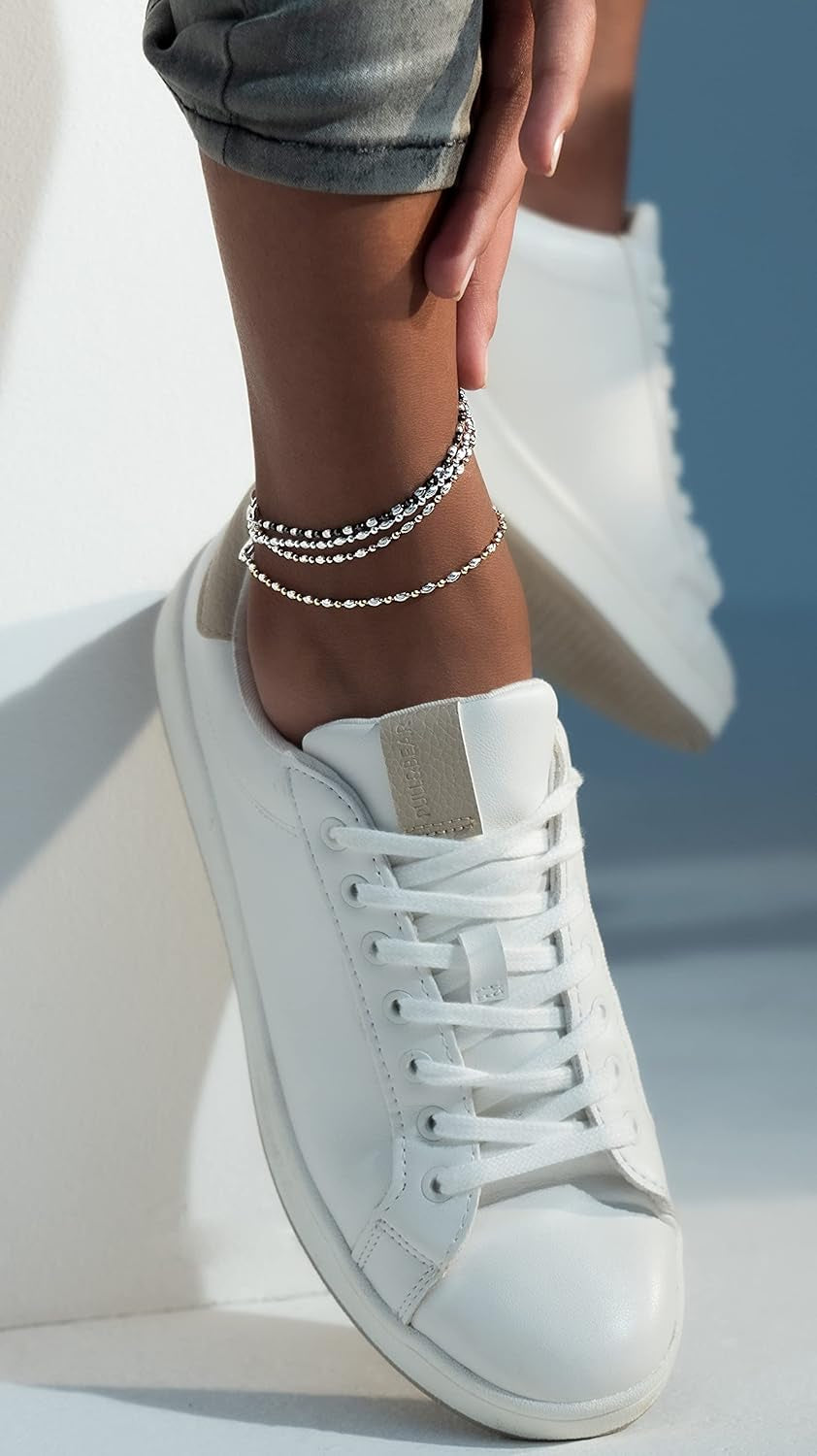 925 Sterling Silver Diamond-Cut Oval and round Bead Ball Chain Anklet Ankle Bracelet for Women, Made in Italy