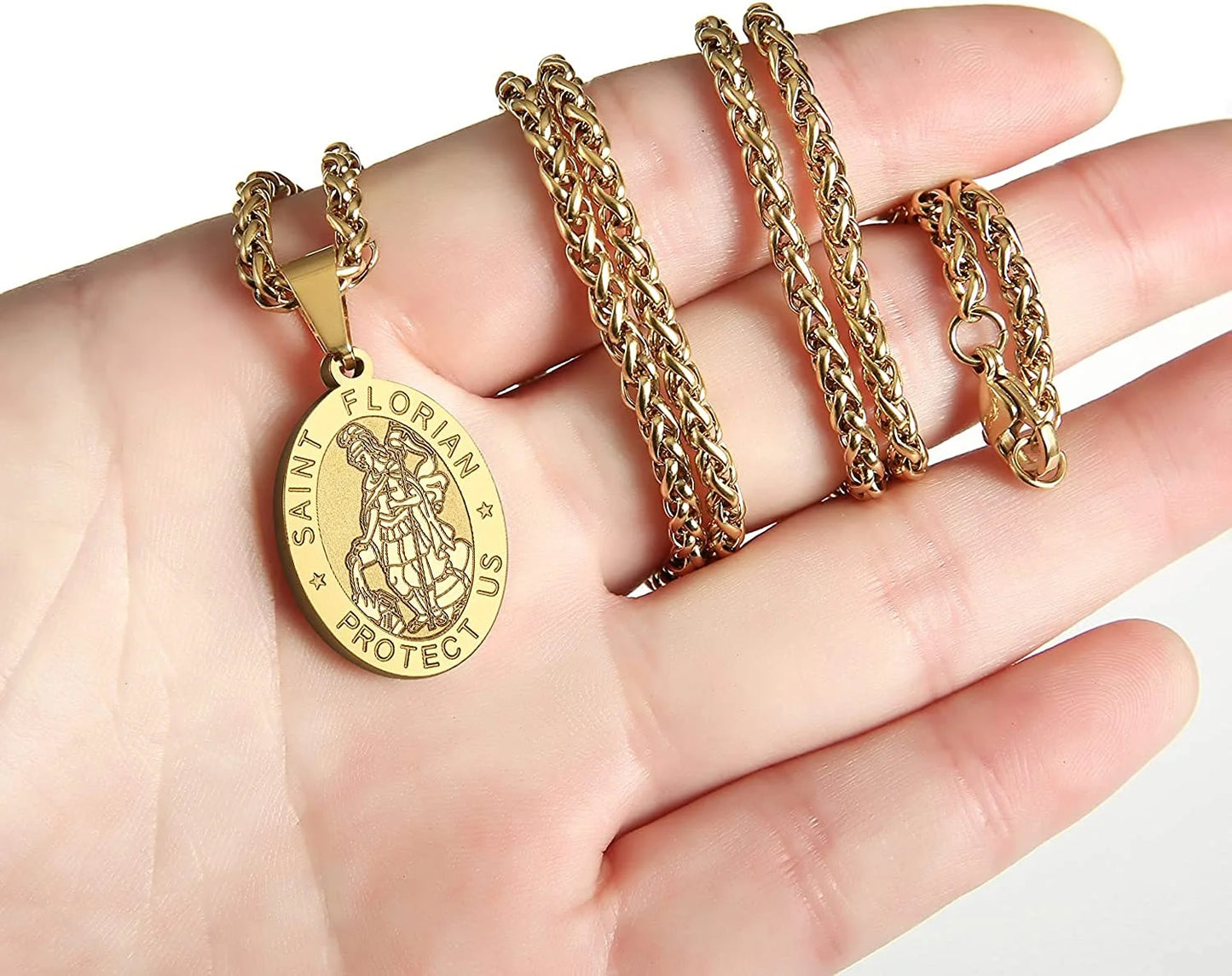 Gold Saint St Florian Medal Necklace Pendant for Men 24 Inch Religious Christian Catholic Birthday Valentine'S Day Baptism First Communion Confirmation Christmas Gift Jewelry