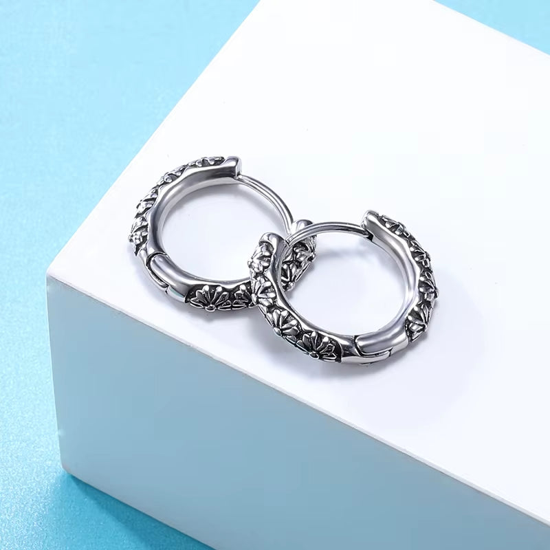 Classic Punk Vintage Pattern Engraved Gothic Ear Rounds Hip Hop Hoop Earrings for Men Domineering Rock Party Biker Jewelry