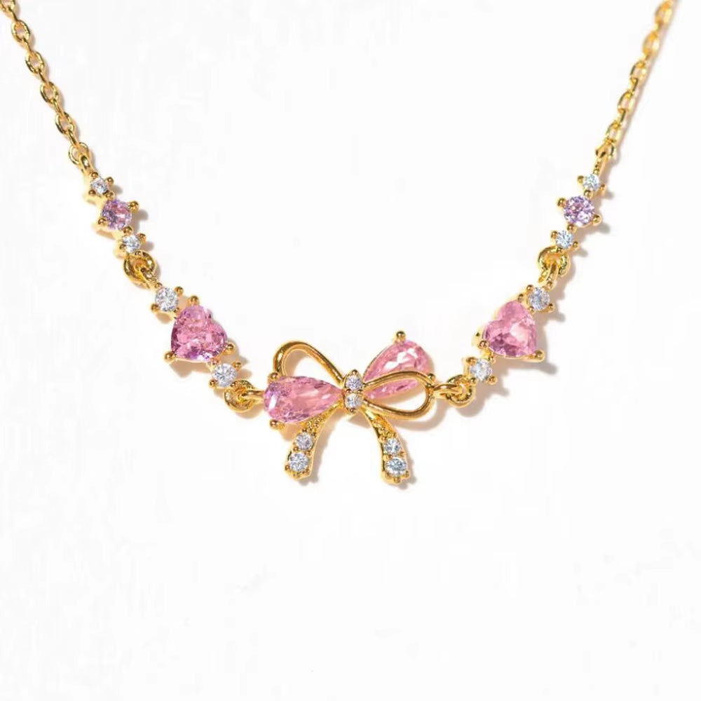 Pink Zircon Bowknot Chain Bracelet for Women Gold Simple Desgin Party Jewelry Accessories Female Gifts